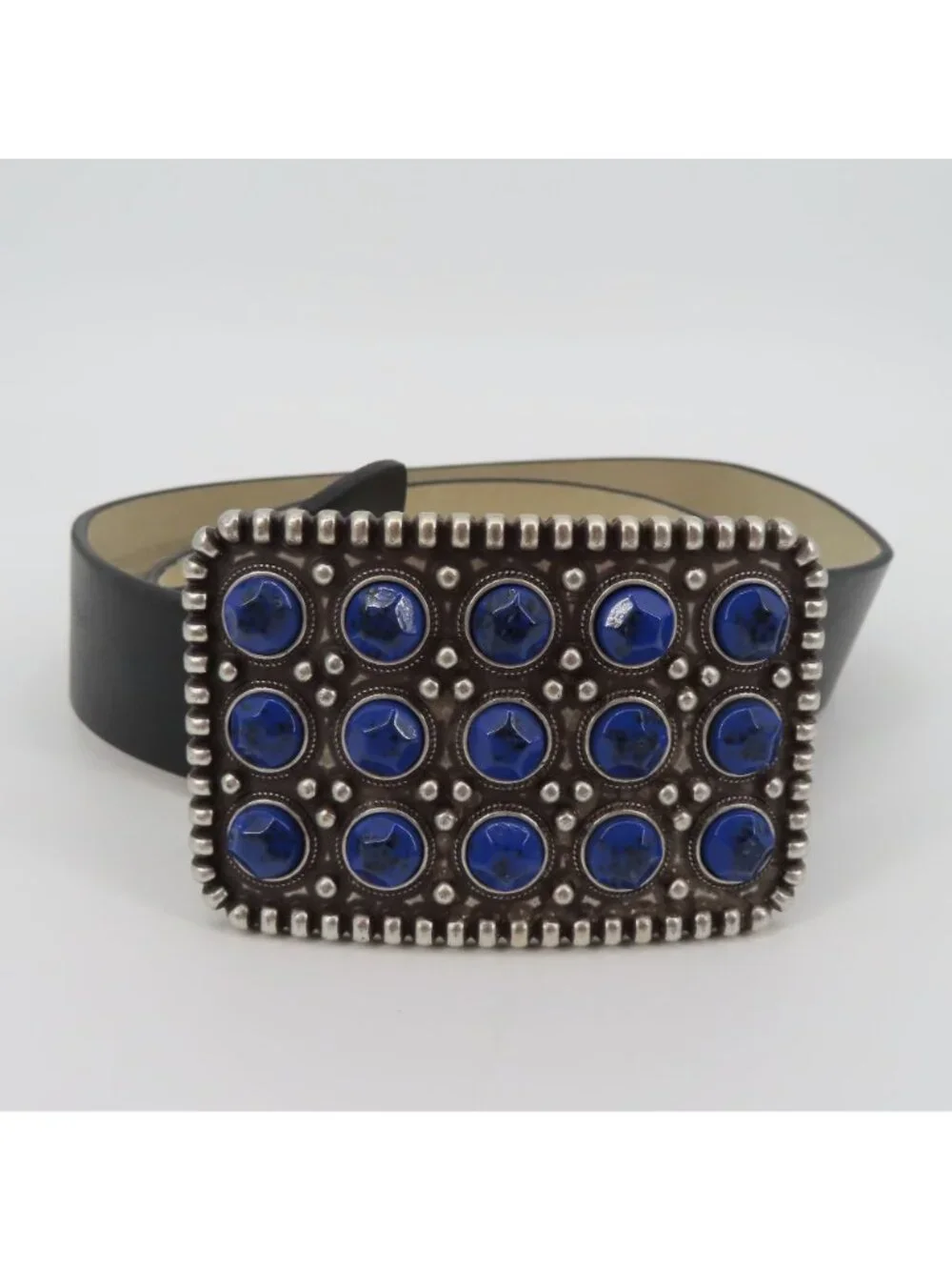 Chicos Small Black Genuine Leather Silver Tone Metal Blue Stud Belt Western Boho